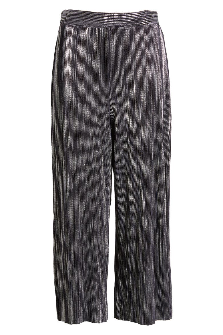 Metallic Mini Pleat Gaucho Crop Pants, Alternate, color, SILVER