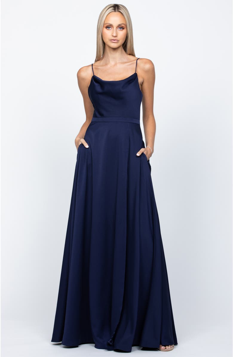 Bariano Diamond Cowl Wrap Gown, Main, color, Navy