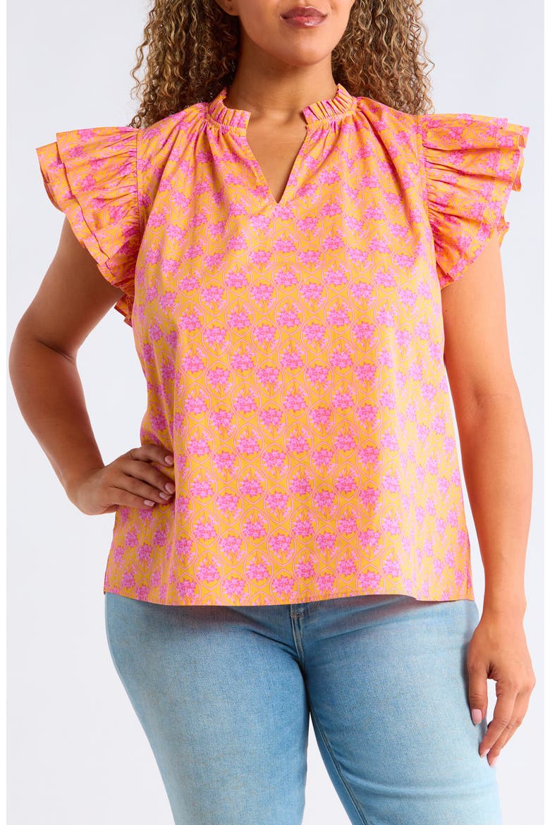 Risette Floral Tiered Ruffle Sleeve Top, Main, color, ORANGE-PINKS-MULTI