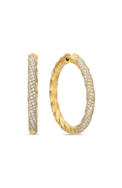 Cable Edge Hoop Earrings in Recycled 18K Yellow Gold with Pavé Diamonds
