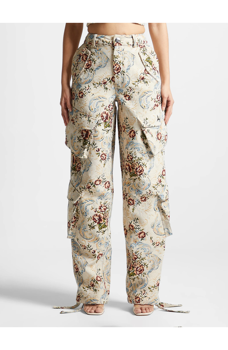 Manière De Voir Anne Floral Jacquard High Waisted Cargo Pants, Alternate, color, Beige
