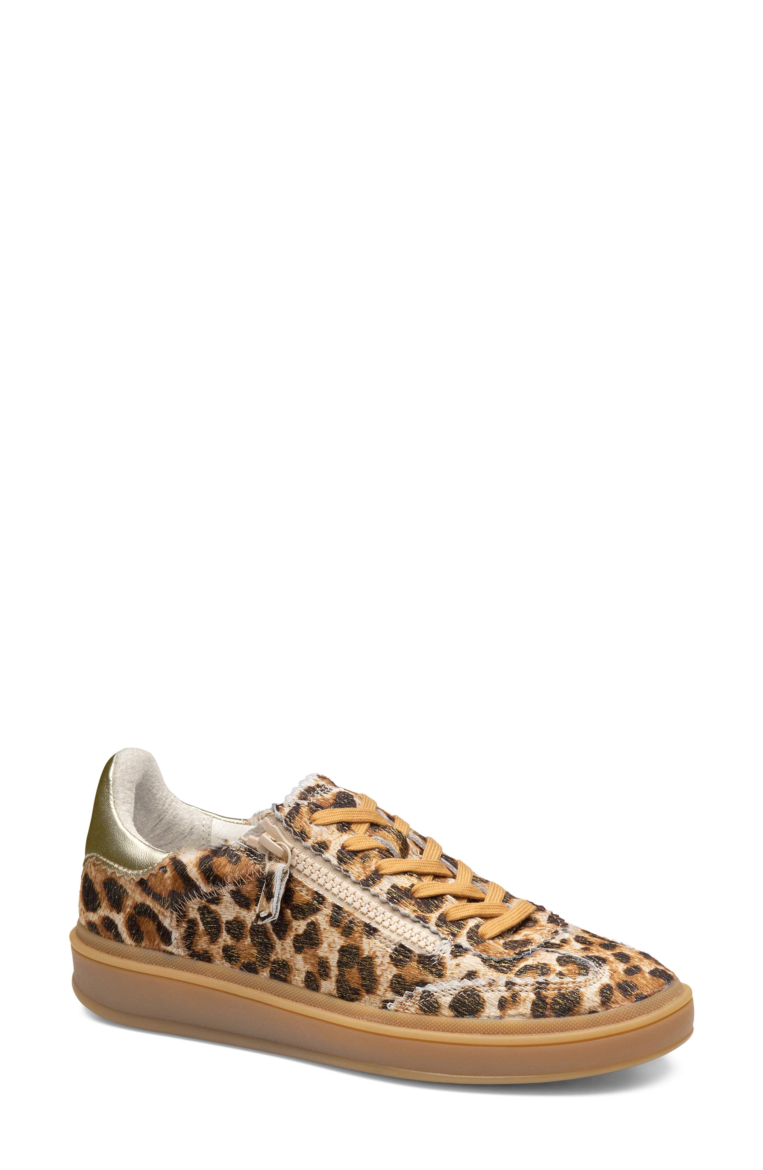 Johnston & Murphy Ashley Genuine Calf Hair Side Zip Sneaker, Main, color, Gold Leopard/Metallic Sheep
