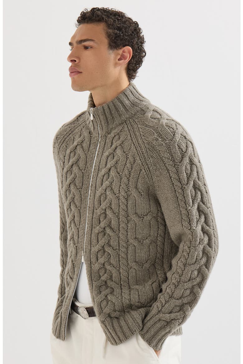 Cable knit cardigan in cashmere Feather yarn with zipper, Alternate, color, Military