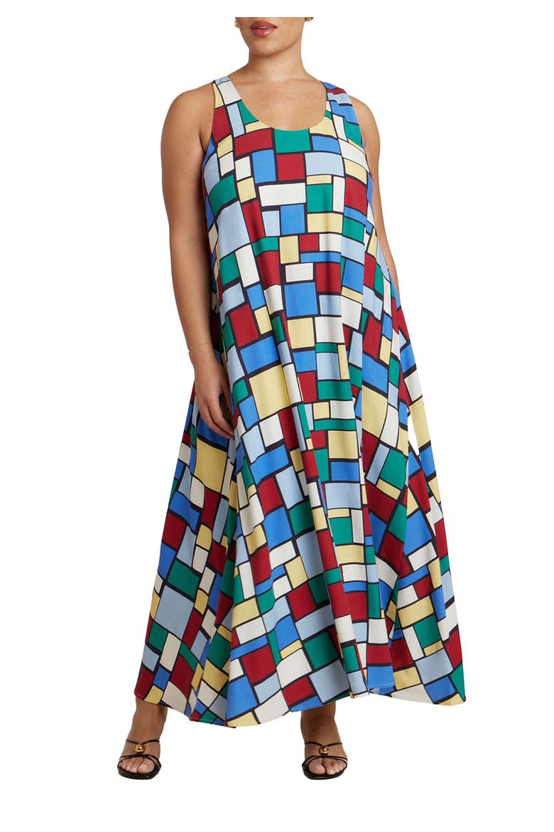 Printed Linen Trapeze Dress, Main, color, SUMMER TILES