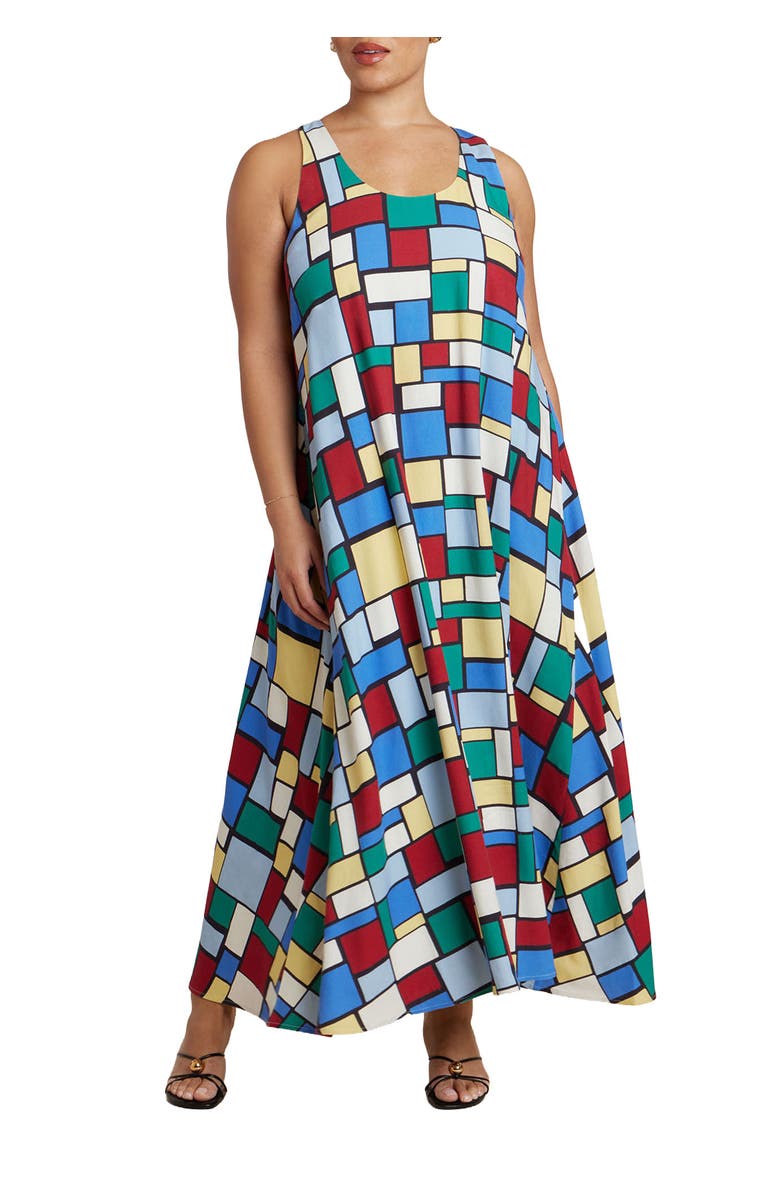 ELOQUII Printed Linen Trapeze Dress, Main, color, Summer Tiles