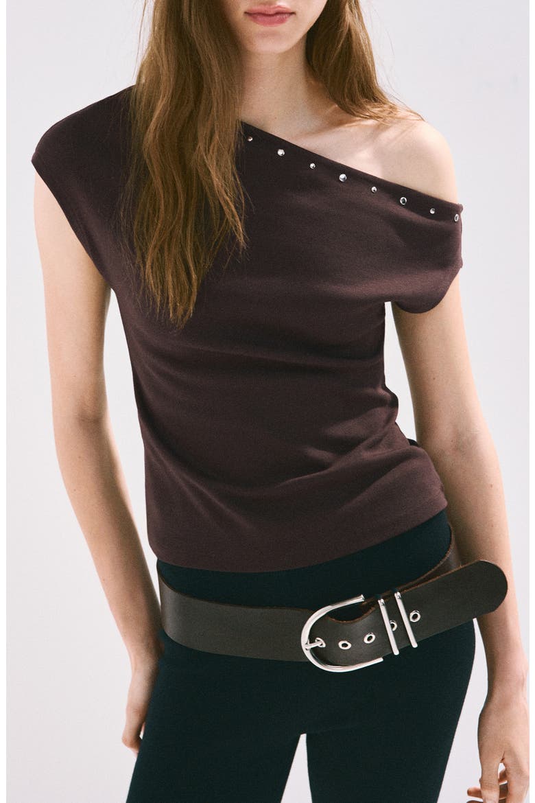 Asymmetrical Studded T-Shirt, Main, color, BROWN