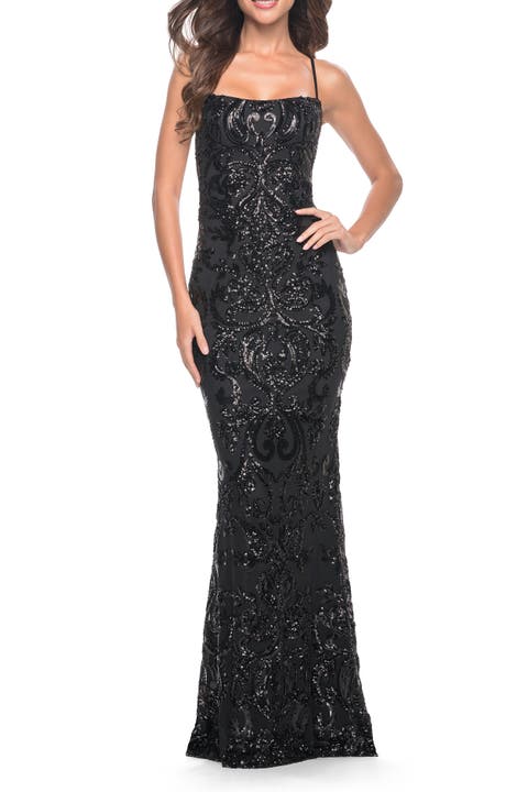 Print Sequin Gown with Square Neckline