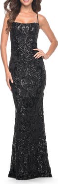 La Femme Print Sequin Gown with Square Neckline