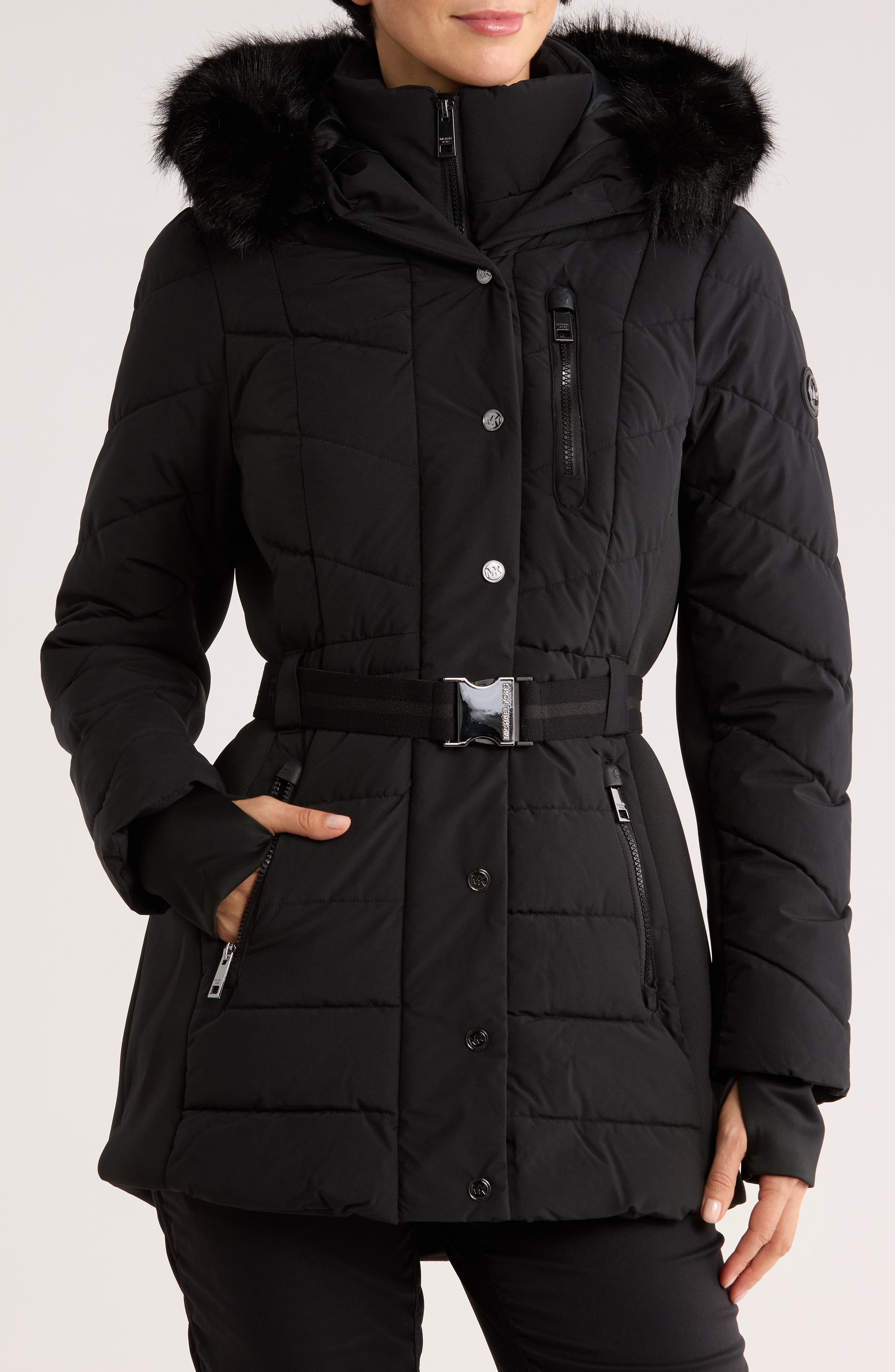 Michael Kors Faux Fur Trim Belted Puffer Jacket