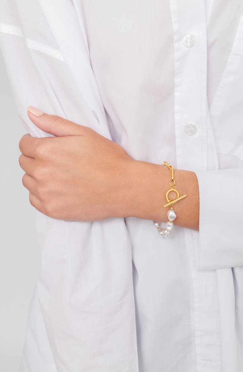 Adornia 14K Yellow Gold Plated Chain Toggle 10mm Pearl Bracelet, Alternate, color, White