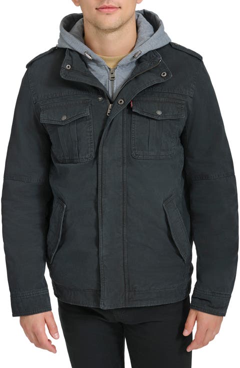 Washed Cotton Faux Shearling Lined Hooded Military Jacket