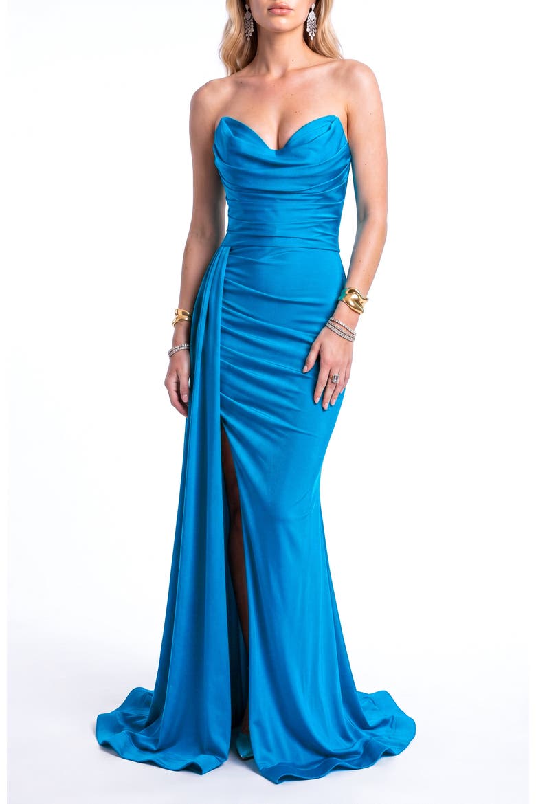 Ruched Strapless Sweetheart Mermaid Gown With Side Drape, Alternate, color, Turquoise