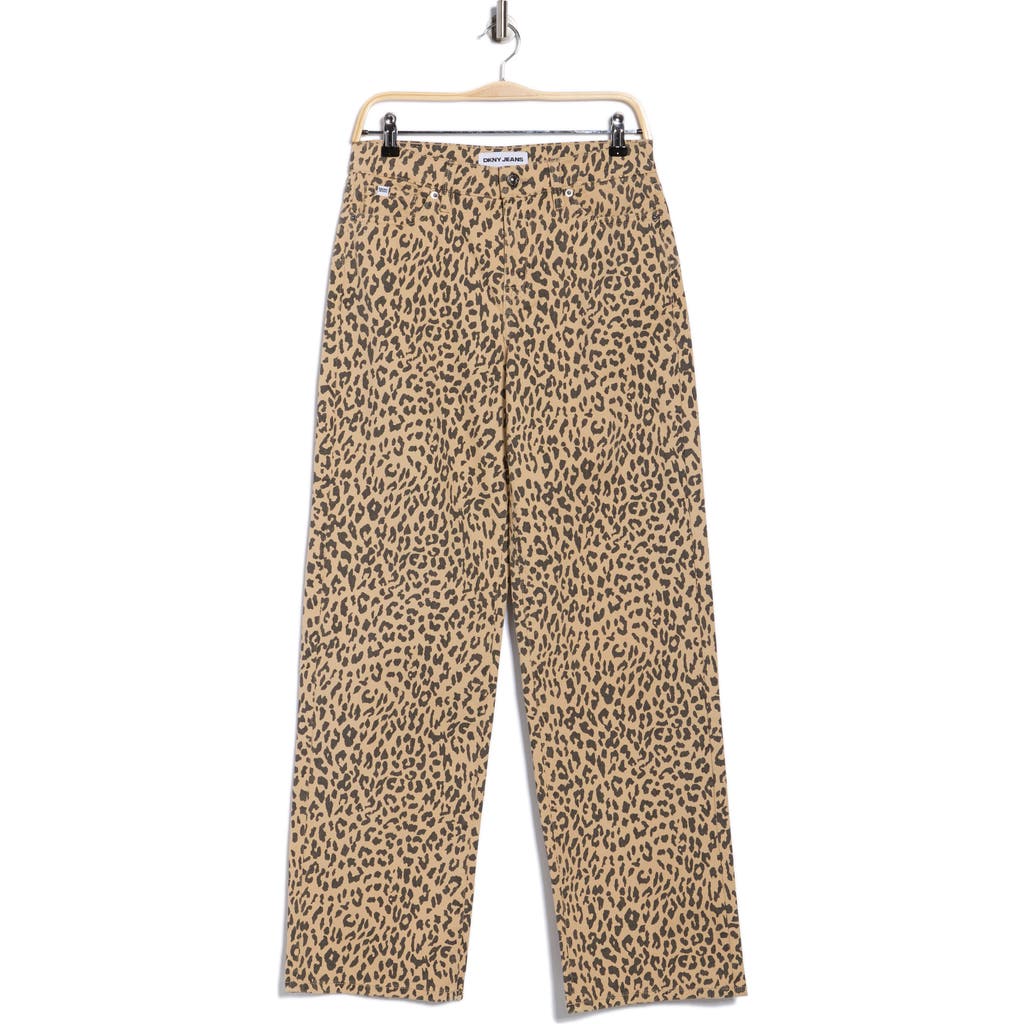 Dkny Jeans Leopard Print Raw Ankle Relaxed Straight Leg Jeans In Brown