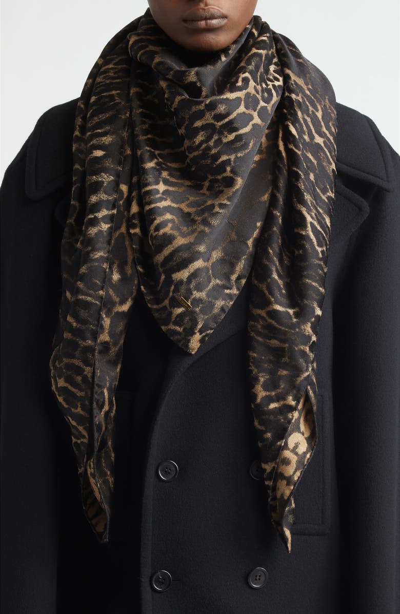 Saint Laurent Leopard Print Silk & Cashmere Square Scarf, Alternate, color, Beige/ Black