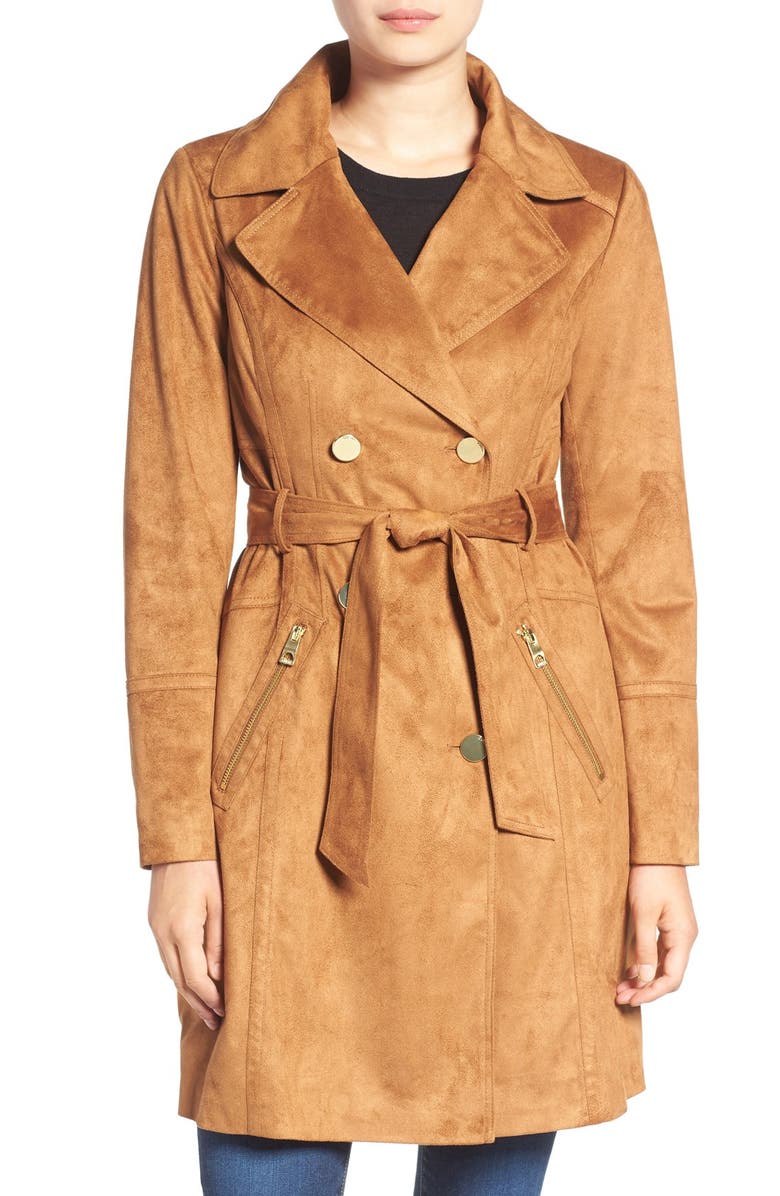 GUESS Faux Suede Double Breasted Trench Coat, Main, color, 
