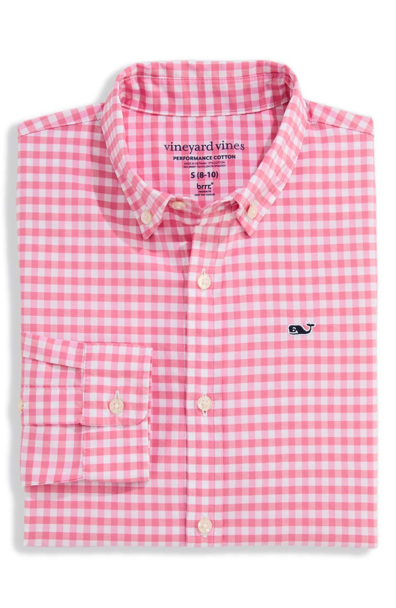 vineyard vines Kids' Skysail Gingham Performance Cotton Button Down Shirt, Alternate, color, Bahama Breeze