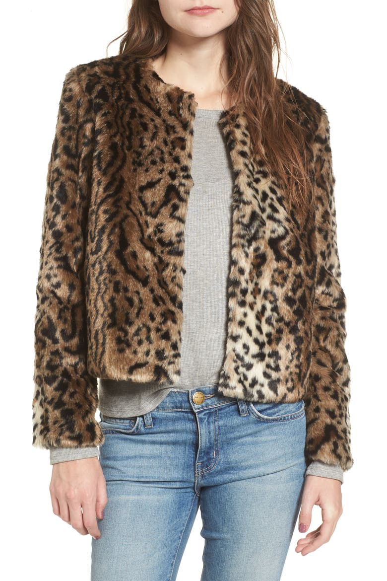 BB Dakota McKinley Leopard Print Faux Fur Jacket, Main, color, BROWN