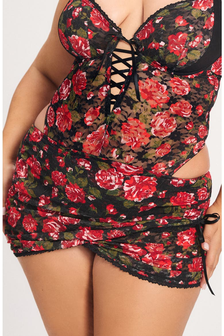 Sinful Rose Lace Miniskirt, Alternate, color, BLACK CAVIAR ROSY PASSIONS