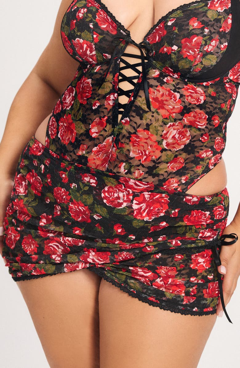 SAVAGE X FENTY Sinful Rose Lace Miniskirt, Alternate, color, Black Caviar Rosy Passions