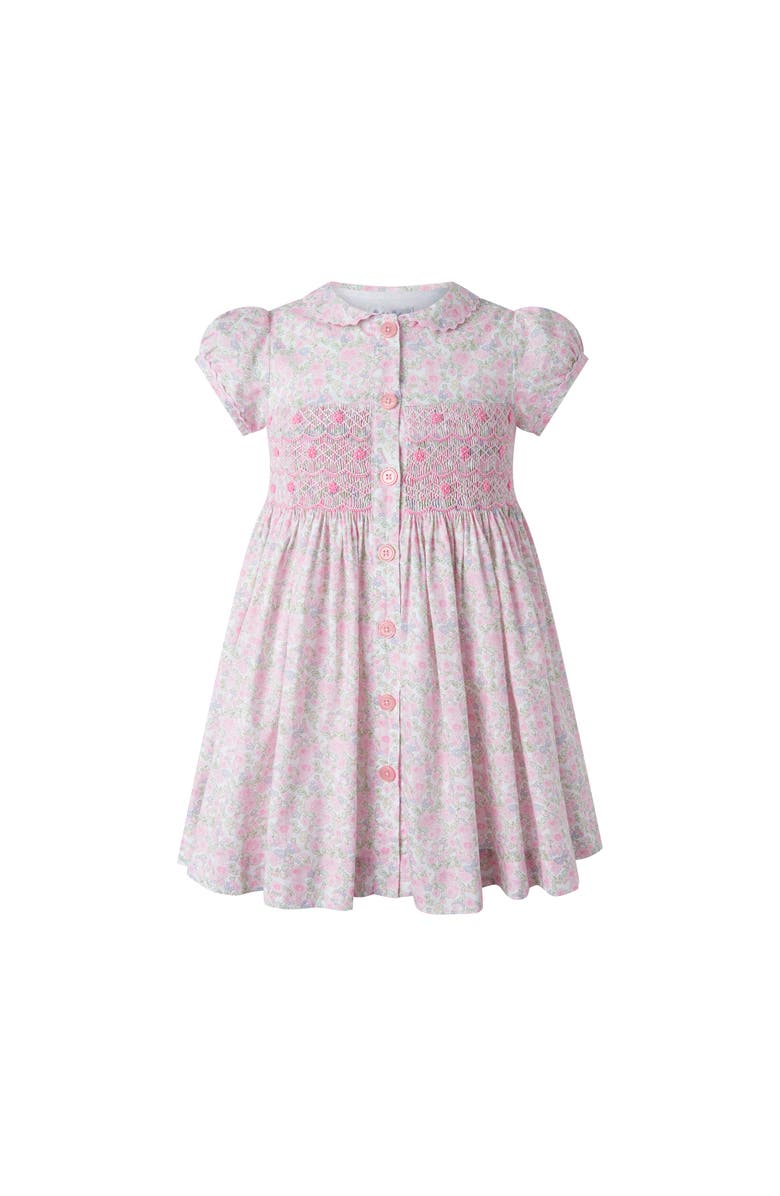 Rachel Riley Ditsy Bloom Smocked Button-Front Dress, Main, color, Pink