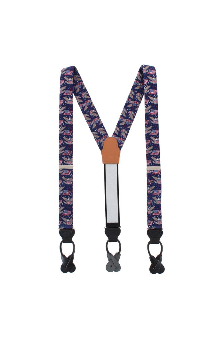 Trafalgar Legacy Soars Patriotic Bald Eagle Silk Novelty Button End Suspenders, Alternate, color, Navy Blue