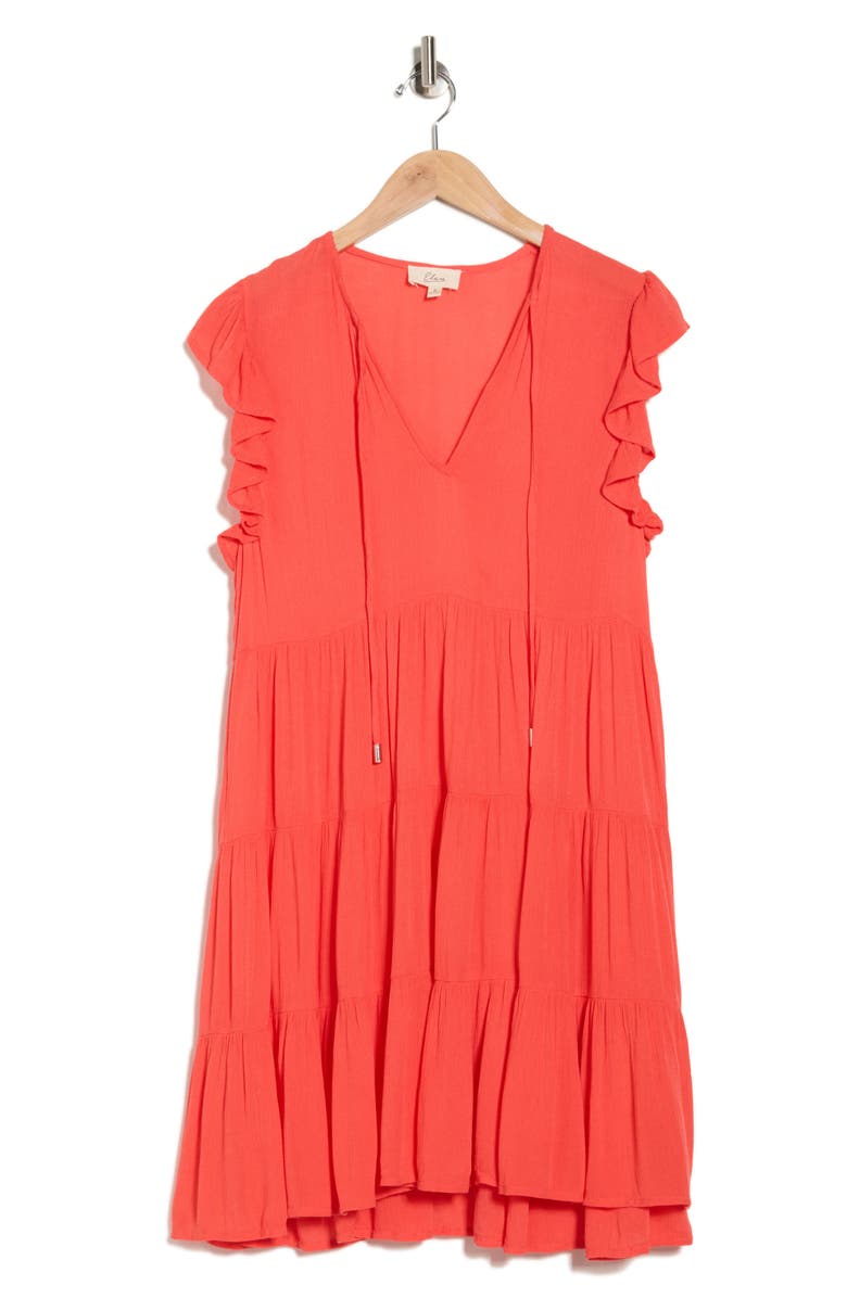 Elan Ruffle Cap Sleeve Tiered Cover-Up Dress, Alternate, color, Red Coral
