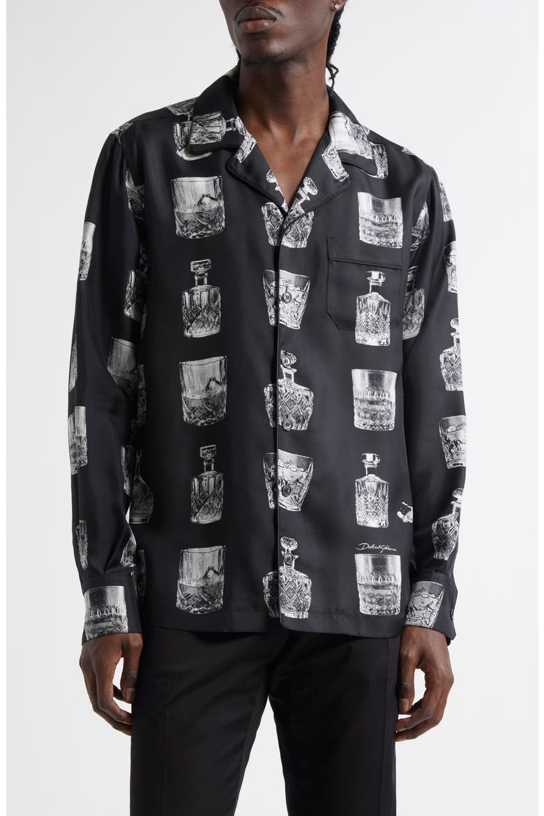 Liquor Print Silk Twill Camp Shirt, Main, color, HN5IA LIQUORI FDO NERO