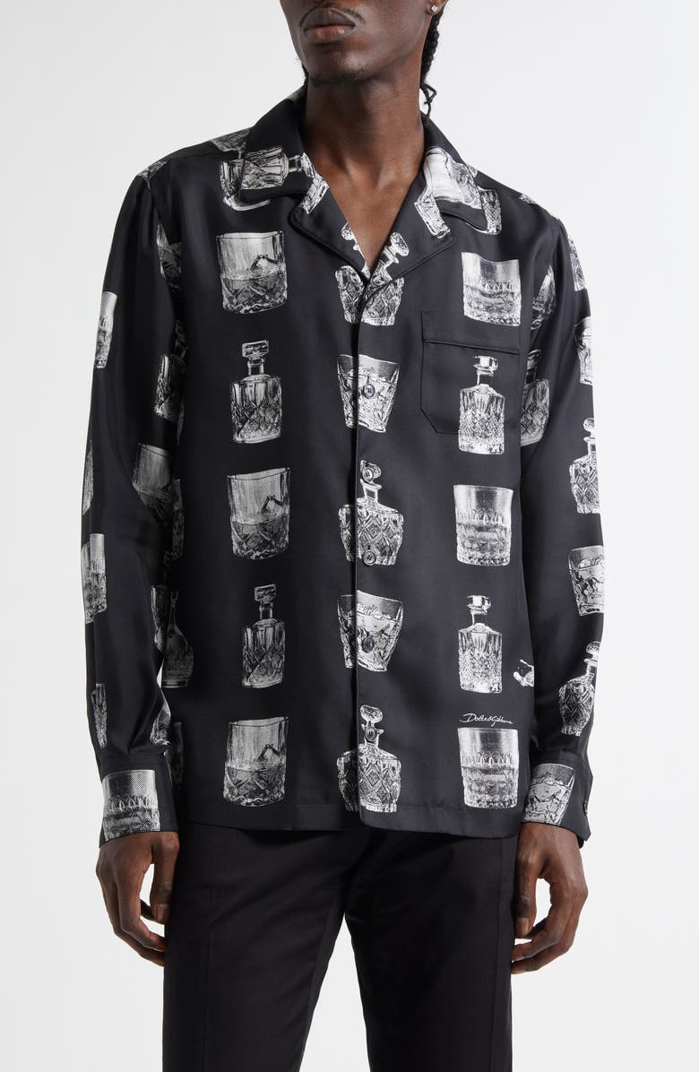 Dolce&Gabbana Liquor Print Silk Twill Camp Shirt, Main, color, Hn5ia Liquori Fdo Nero