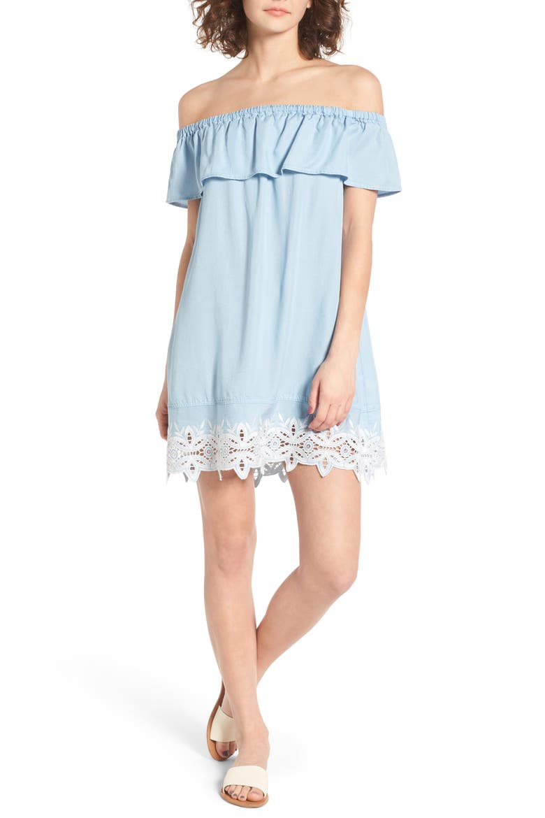 Embroidered Chambray Off the Shoulder Dress, Main, color, LIGHT WASH