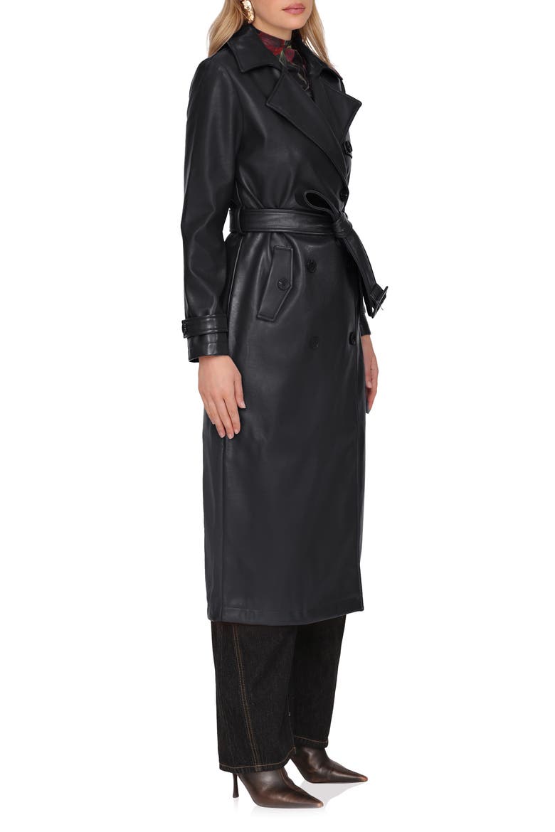 Double Breasted Faux Leather Trench Coat, Alternate, color, BLACK