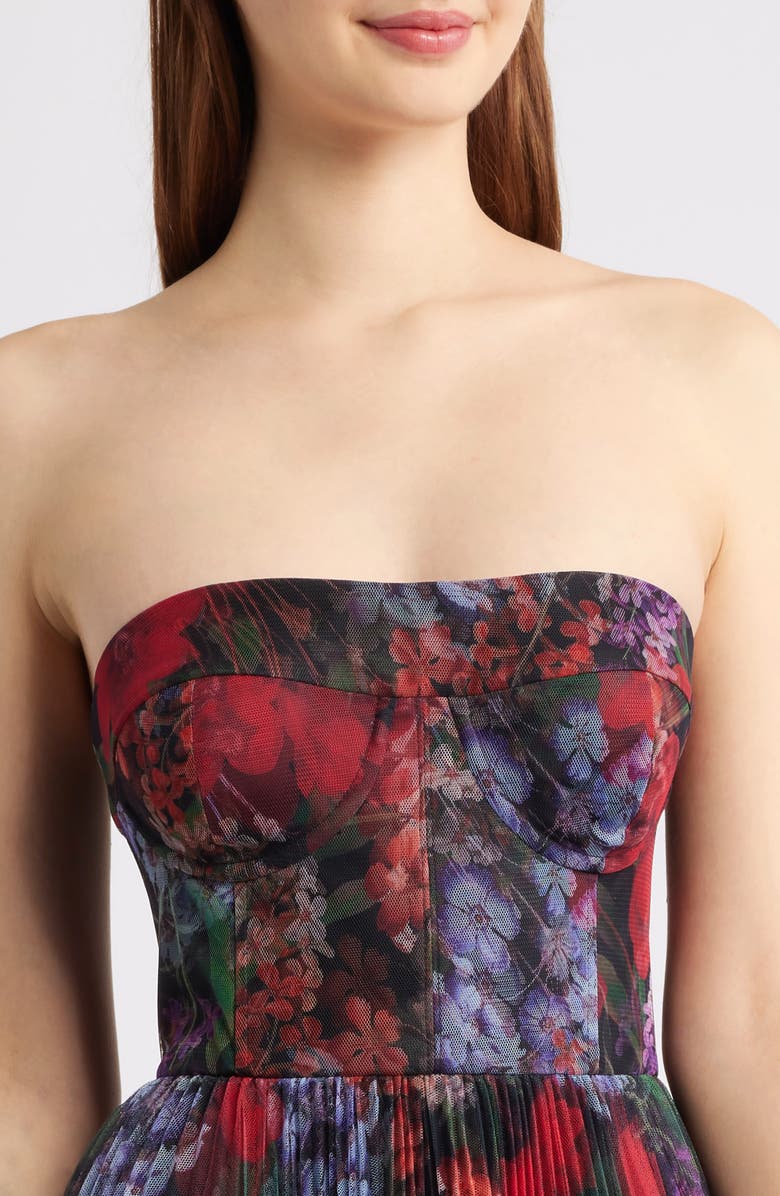 Hutch Alba Pleated Underwire Strapless Cocktail Dress, Alternate, color, Black Multi Winter Garden