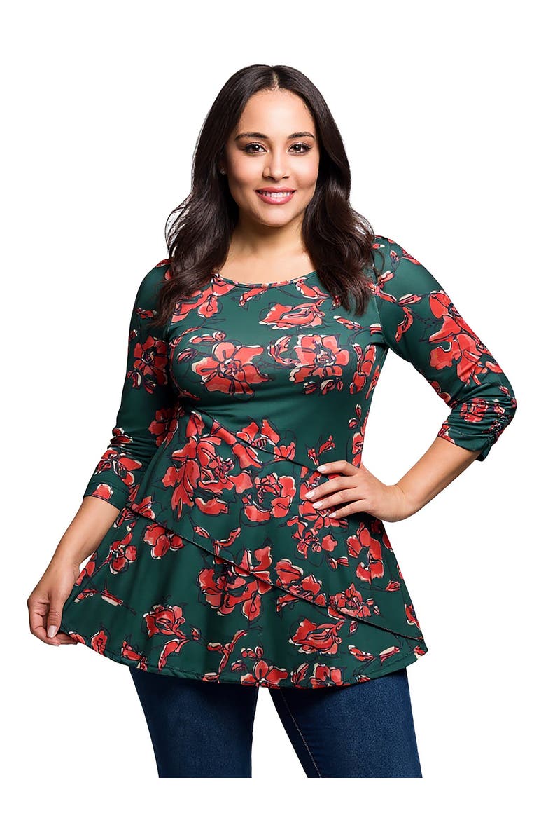 Curvy Essential Three Quarter Sleeve Tunic Top, Alternate, color, Orange Multi