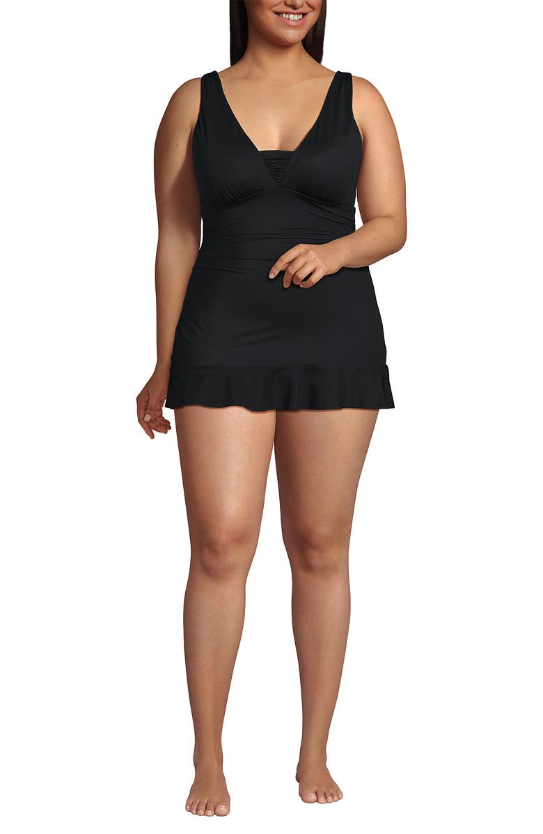 Lands' End Plus Size SlenderSuit Grecian Mini Swim Dress, Alternate, color, Black