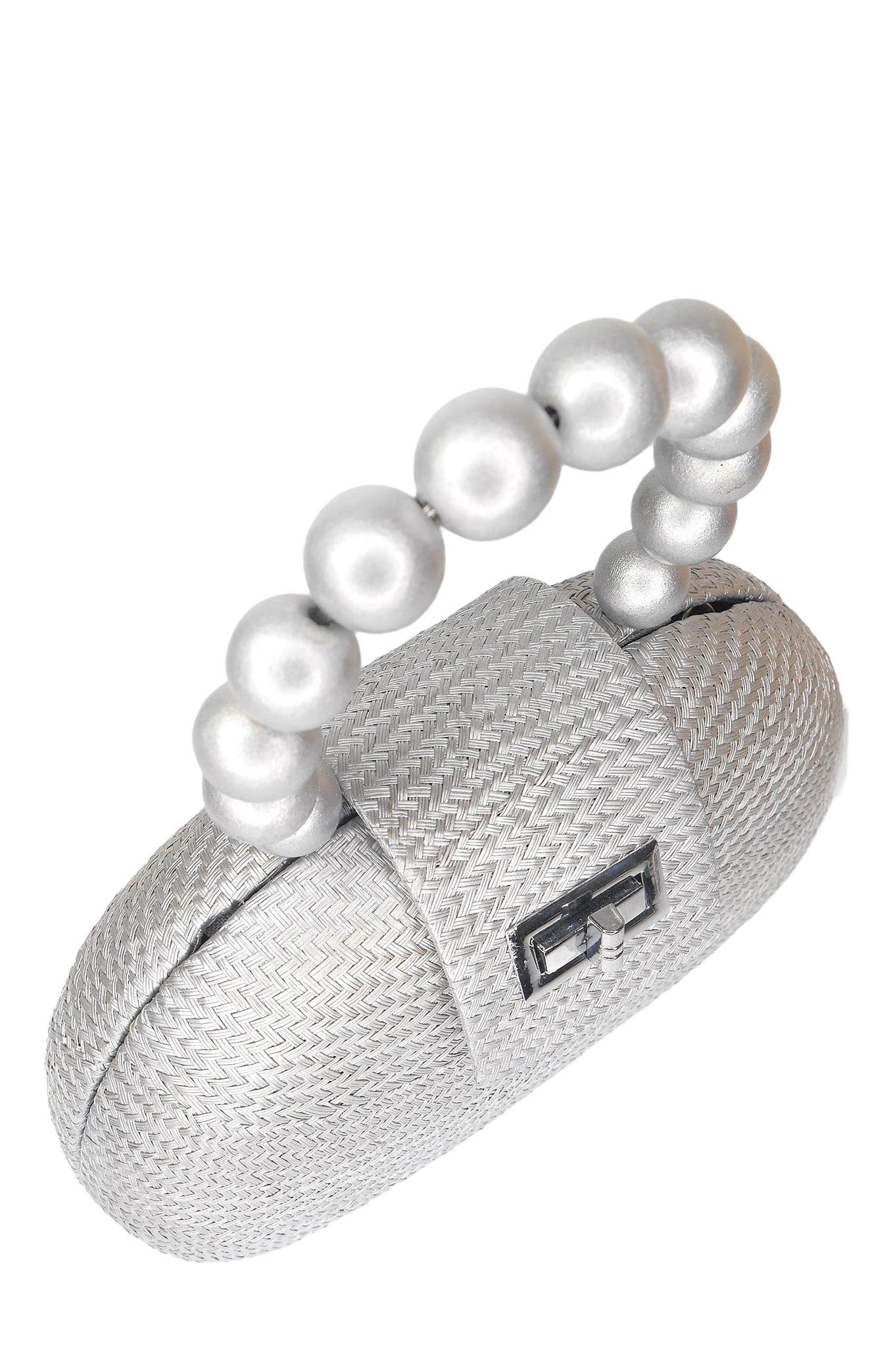 Soli & Sun THE ORLA Woven Straw & Wooden Bead Statement Clutch Bag, Alternate, color, Silver