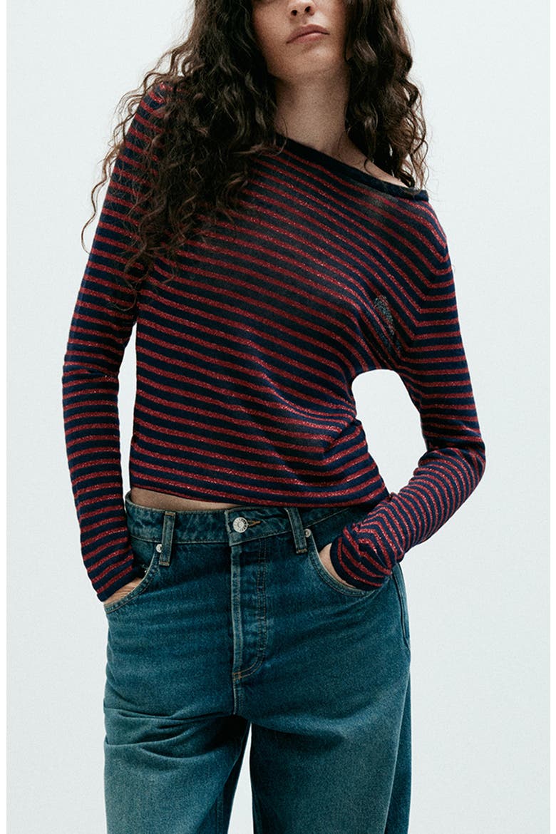 Striped Metallic Thread Sweater, Main, color, NAVY