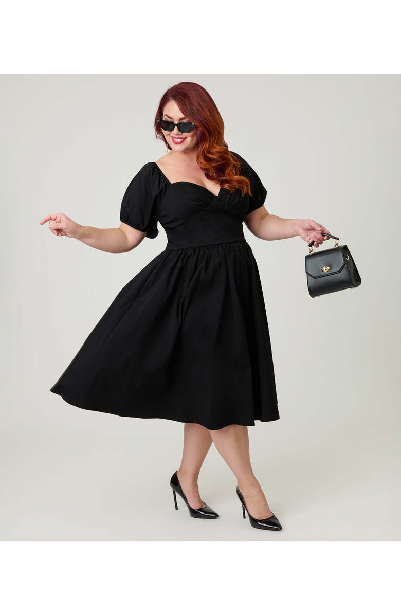 Unique Vintage Plus Size Sweetheart Puff Sleeve Swing Dress, Alternate, color, Solid Black
