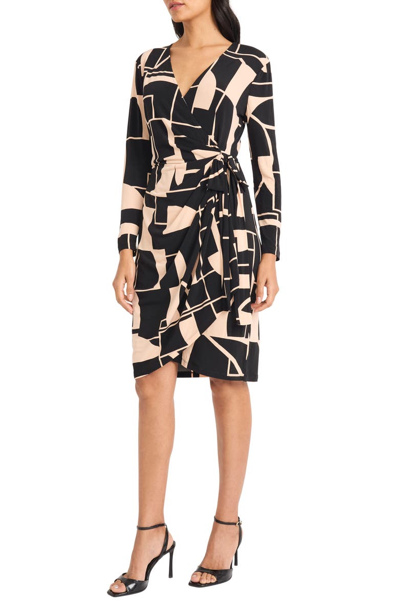Maggy London Geometric Print Long Sleeve Wrap Dress, Alternate, color, Black/ Tan