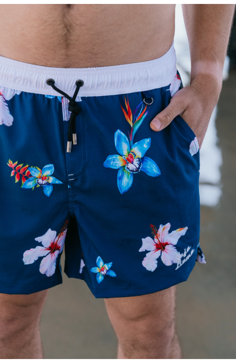 Baja Llama Flower Powers - Stretch Swimsuit, Alternate, color, Navy