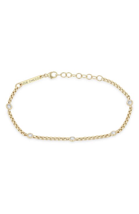 14K Gold Floating Diamond Small Box Chain Station Bracelet