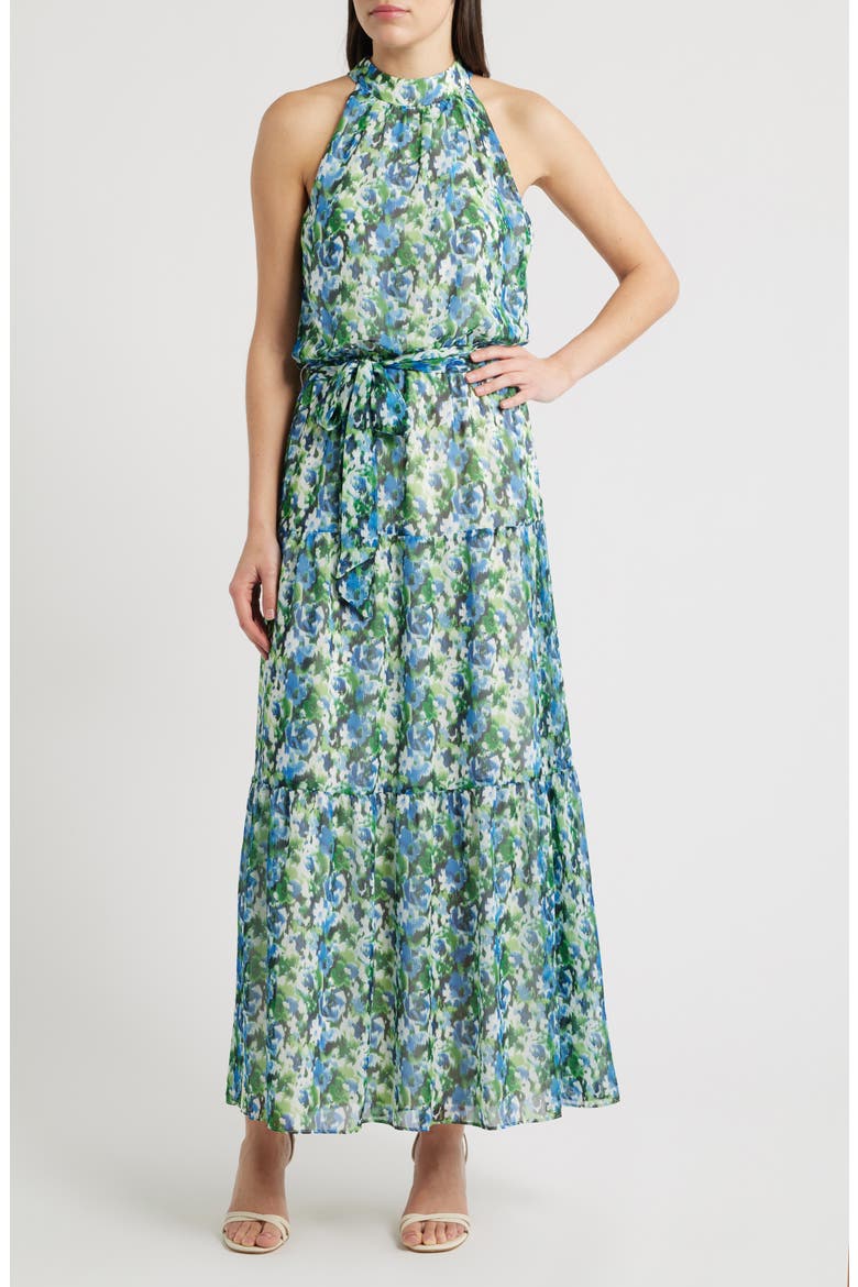 Floral Mock Neck Tiered Maxi Dress, Main, color, GREEN MULTI