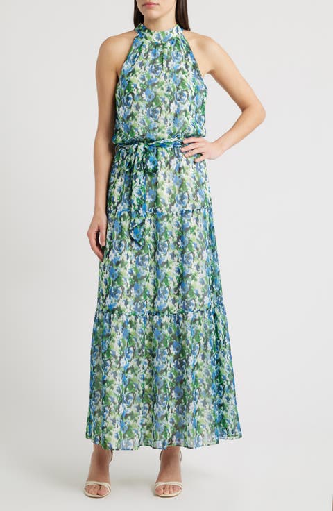 Floral Mock Neck Tiered Maxi Dress