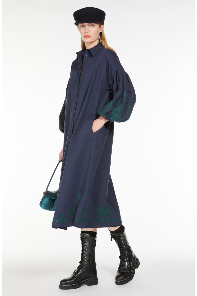 Ossola Embroidered Detail Long Sleeve Cotton& Linen Midi Shirtdress, Alternate, color, NAVY