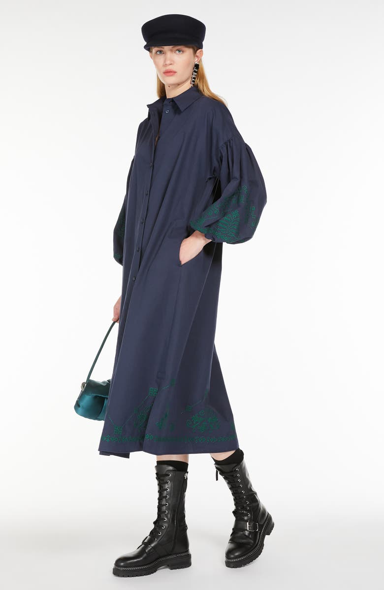 Weekend Max Mara Ossola Embroidered Detail Long Sleeve Cotton& Linen Midi Shirtdress, Alternate, color, 
