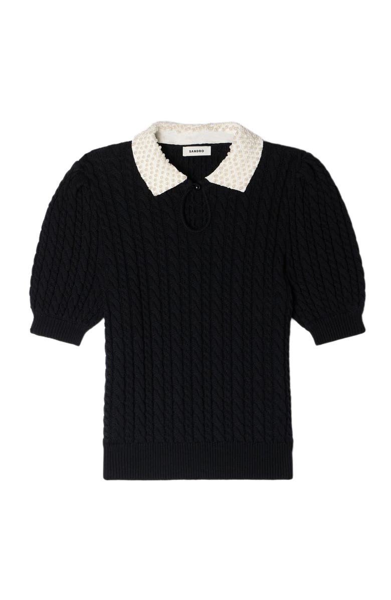 SANDRO Detachable collar cable knit sweater, Alternate, color, Black