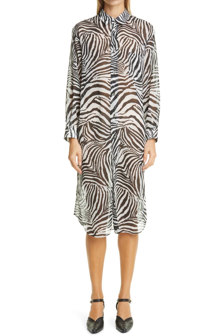 Zebra Print Long Sleeve Shirtdress, Main, color, ZEBRA