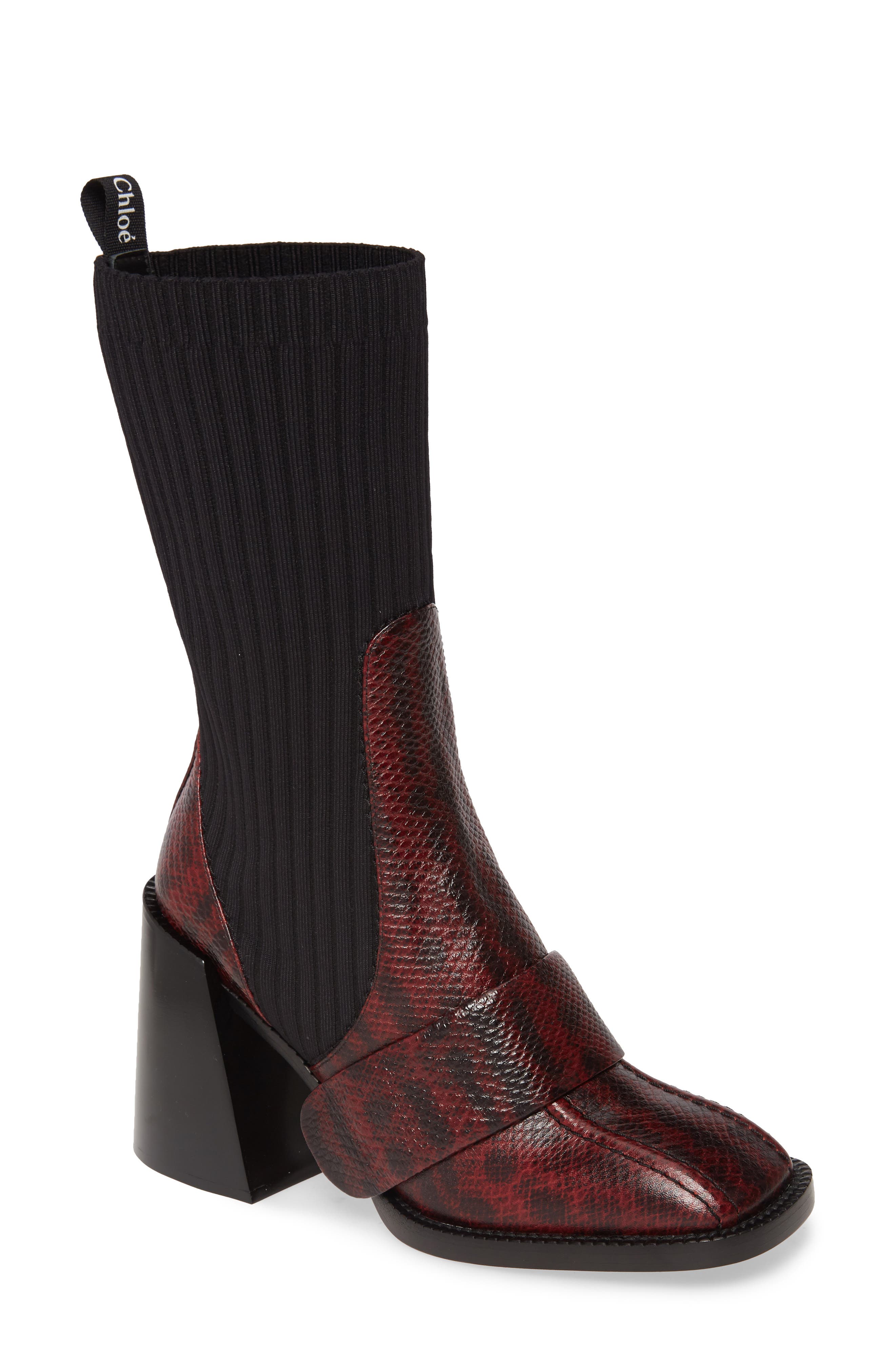 Chloé Bea Snake Embossed Half Sock Boot, Main, color, 