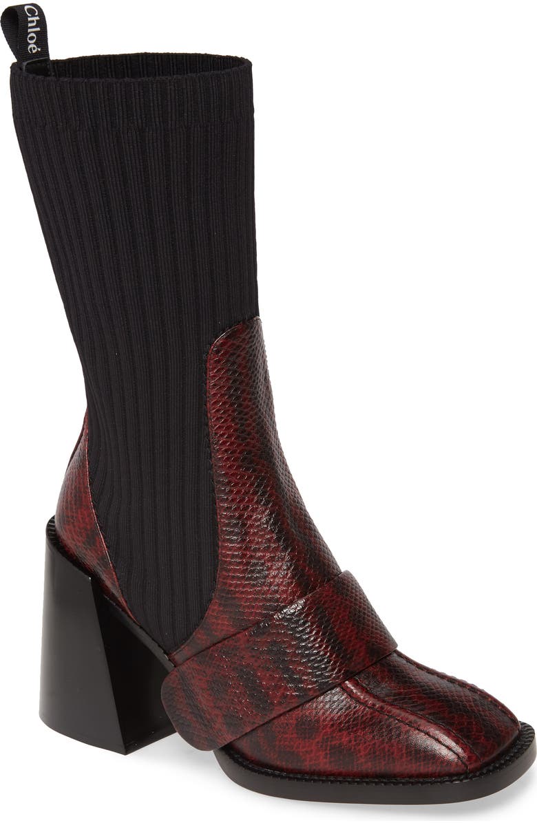 Chloé Bea Snake Embossed Half Sock Boot, Main, color,
