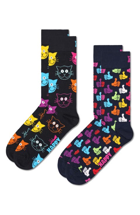 Classic Cat & Thumbs Up Assorted 2-Pack Cotton Blend Crew Socks