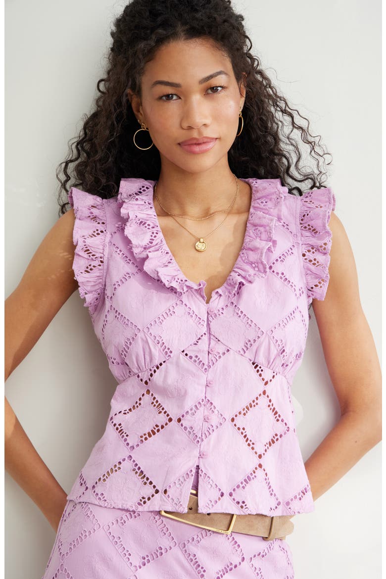 Open Cutwork Ruffle Trim Button-Up Top, Main, color, PINK GALE