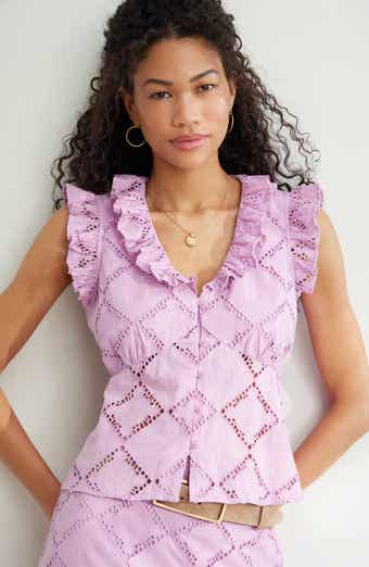 Open Cutwork Ruffle Trim Button-Up Top